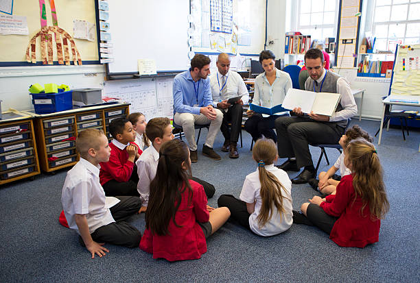 A group of children sit on the floor cross legged, listening to a group of teachers read a story.