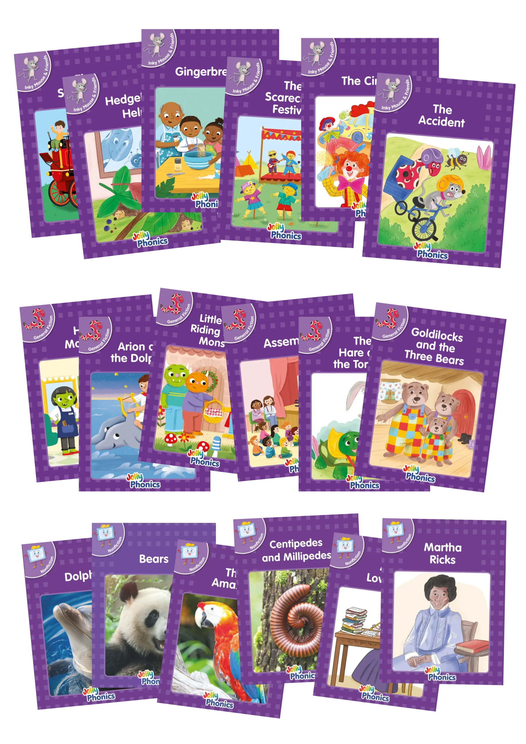 Jolly Phonics Purple Readers Complete Set Level 5 (General Fiction, Non-Fiction & Inky Mouse and Friends) (Precursive letters)